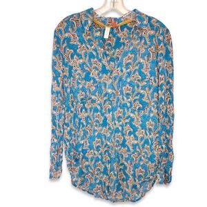 Anthropology Pilcro Turquoise Top Sz S Button‎ Front V neck Brown Pattern Casual